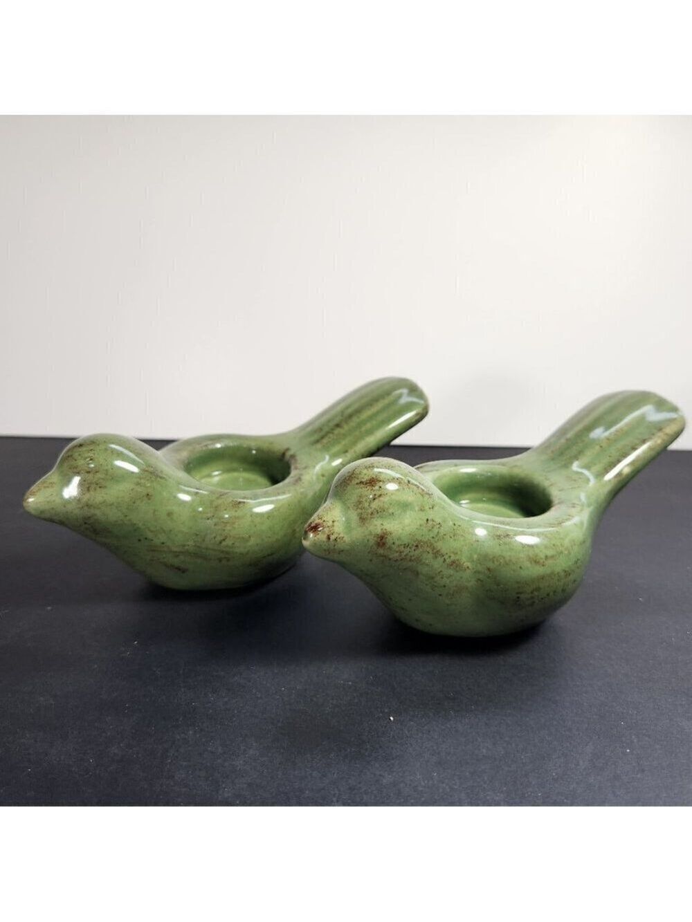 Ceramic Bird Candle Holder Tea Light Jade Green with Flecks of Brown Set Of 2